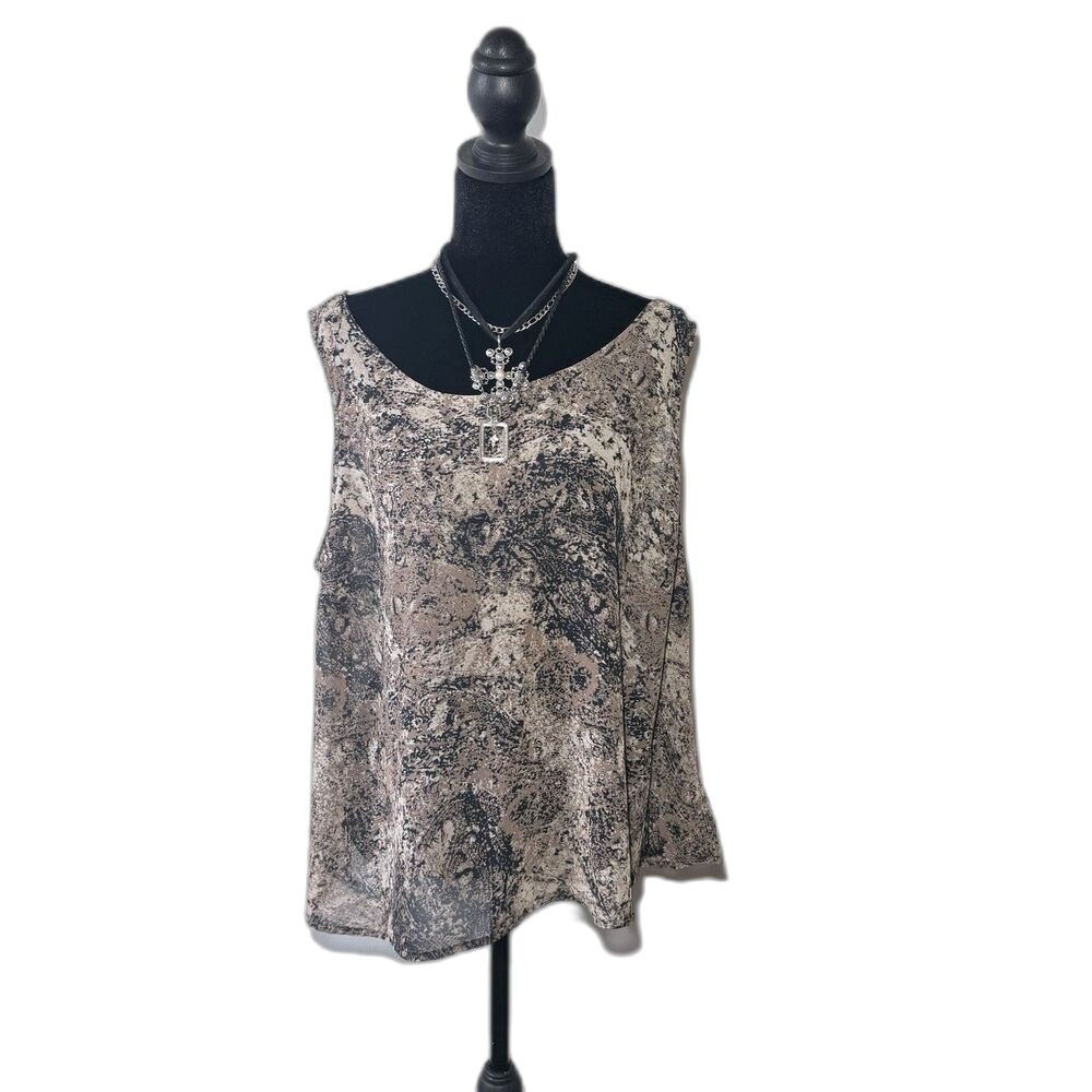 Liz Claiborne Woman Tank Top Beige Black Abstract Paisley Sleeveless Plus Sz 16W